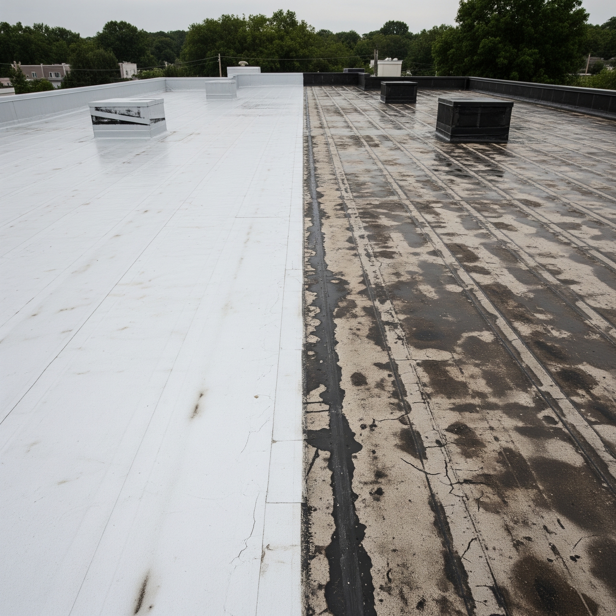 A flat commercial roof in New Jersey showing signs of age and water damage, with one half repaired and the other side showing worn materials.