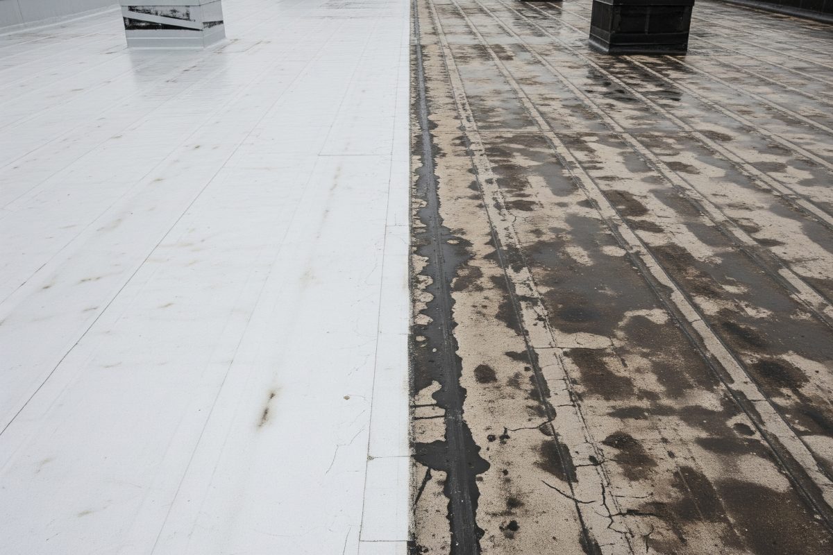 A flat commercial roof in New Jersey showing signs of age and water damage, with one half repaired and the other side showing worn materials.